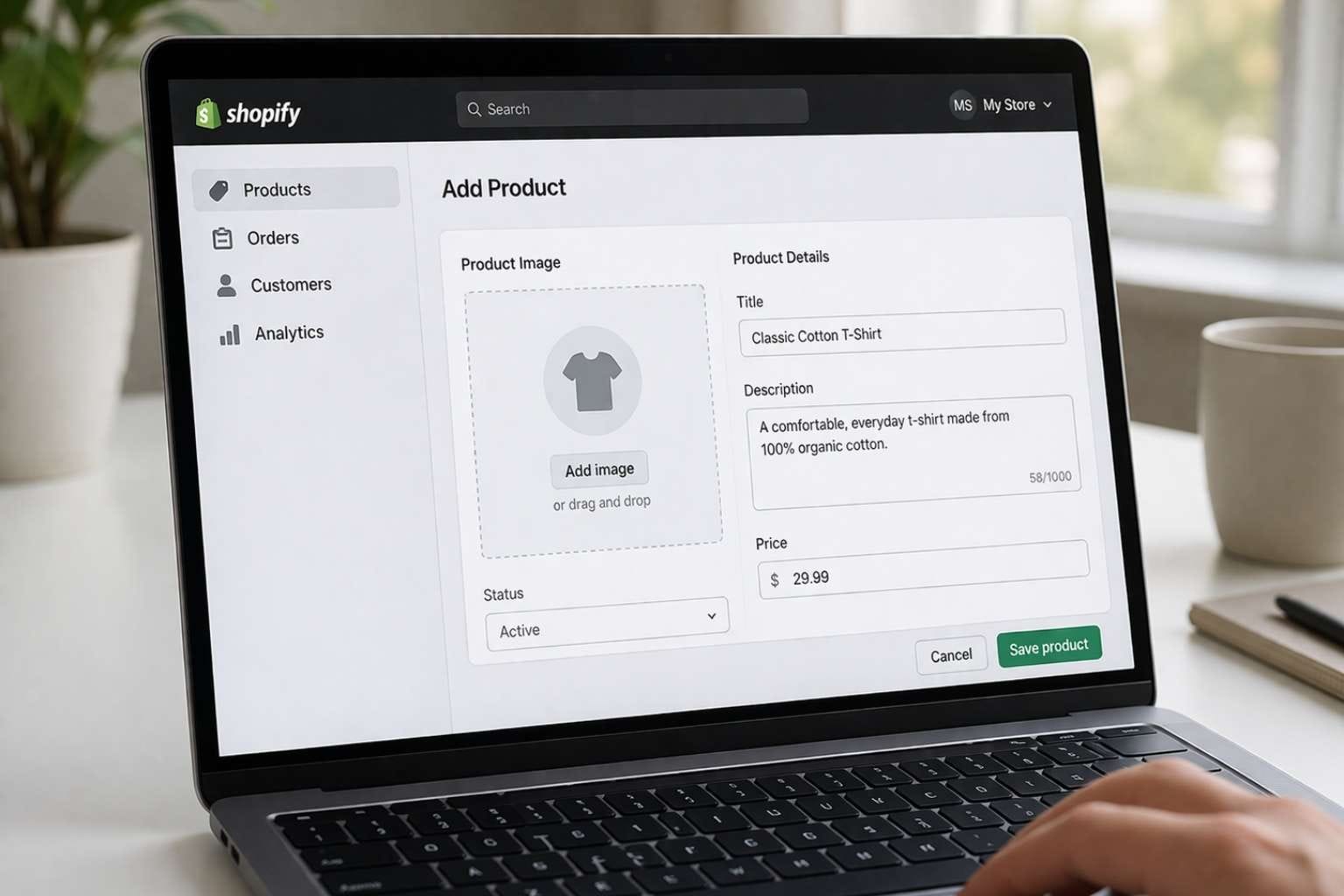 Shopify admin dashboard during free trial showing store setup options with products and theme editor
